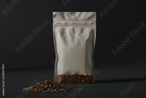 Modern coffee beans bag mockup, elegantly designed with a minimalist aesthetic, isolated against a solid dark background, high-resolution details, perfect for branding and design proje. Generative Ai. photo