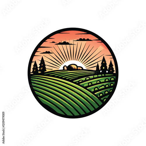 Design a minimalist logo featuring a stylized sun setting over a field of rolling hills, evoking a sense of calm and serenity.