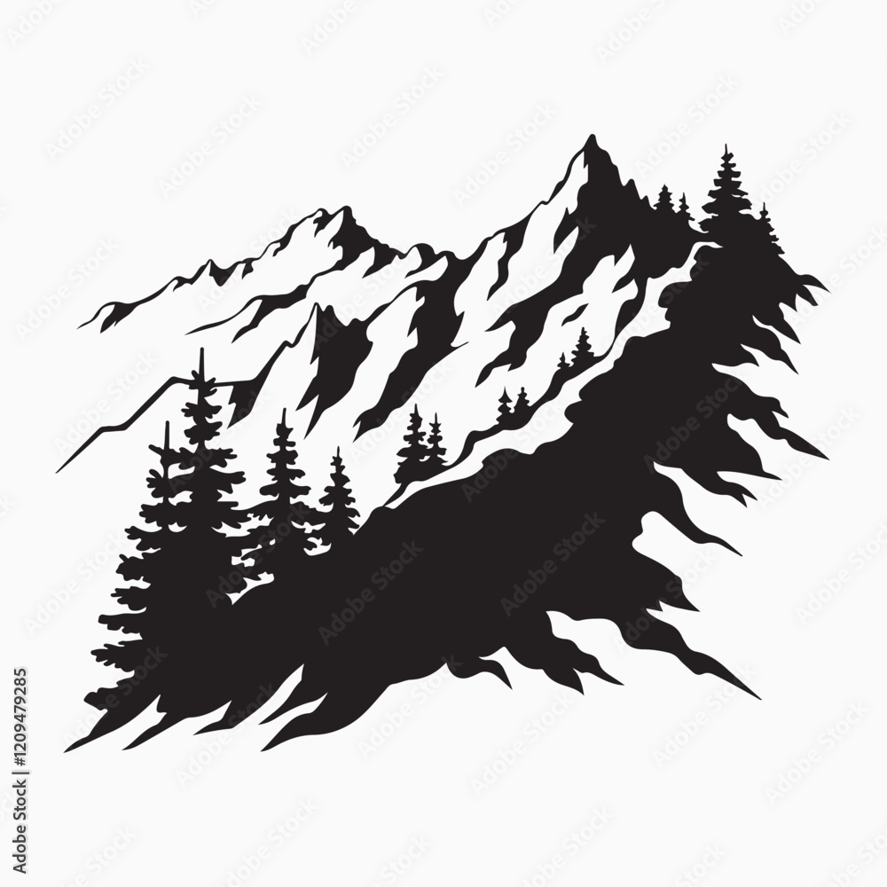 Obraz premium Mountain and pine trees silhouette vector line art black and white design