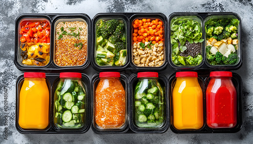 Wallpaper Mural Top view of colorful, healthy food prepared lunch boxes filled with nutritious ingredients like vegetables, grains, proteins and bottles of fresh juice, perfect for a balanced and clean visual meal. Torontodigital.ca