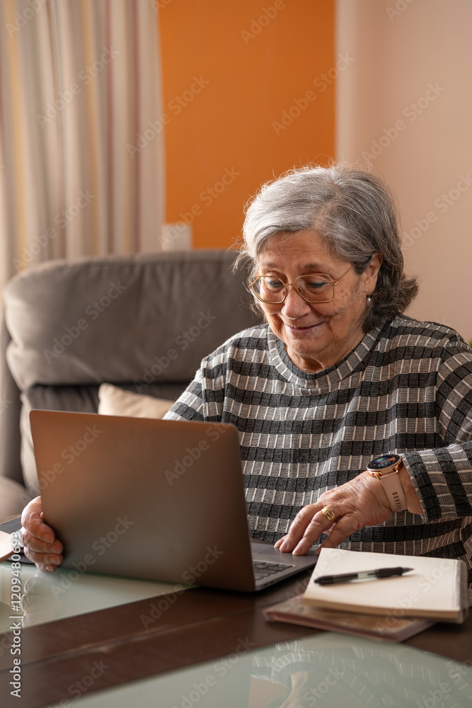 elderly woman working on her computer at home elderly woman working on her computer at home