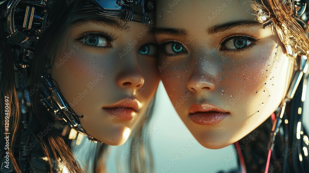 Obraz premium Cyberpunk Twins: A Digital Portrait of Futuristic Beauty
