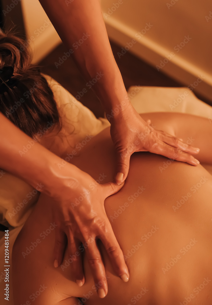 Fototapeta premium Hands of female chiropractor massaging shoulders of young woman lying on massage table. Concept of physical therapy treatment, neck pressure point. Soft focus, blurred, noise effect