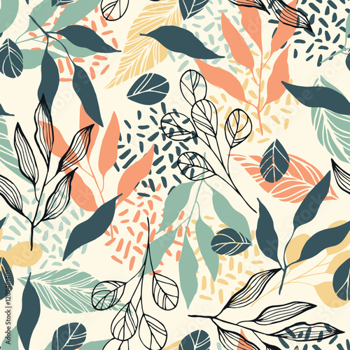 Herbal leaves hand drawn seamless pattern. Botanical background. Vector tile for textile design, wrapping paper, decoration, web, social media