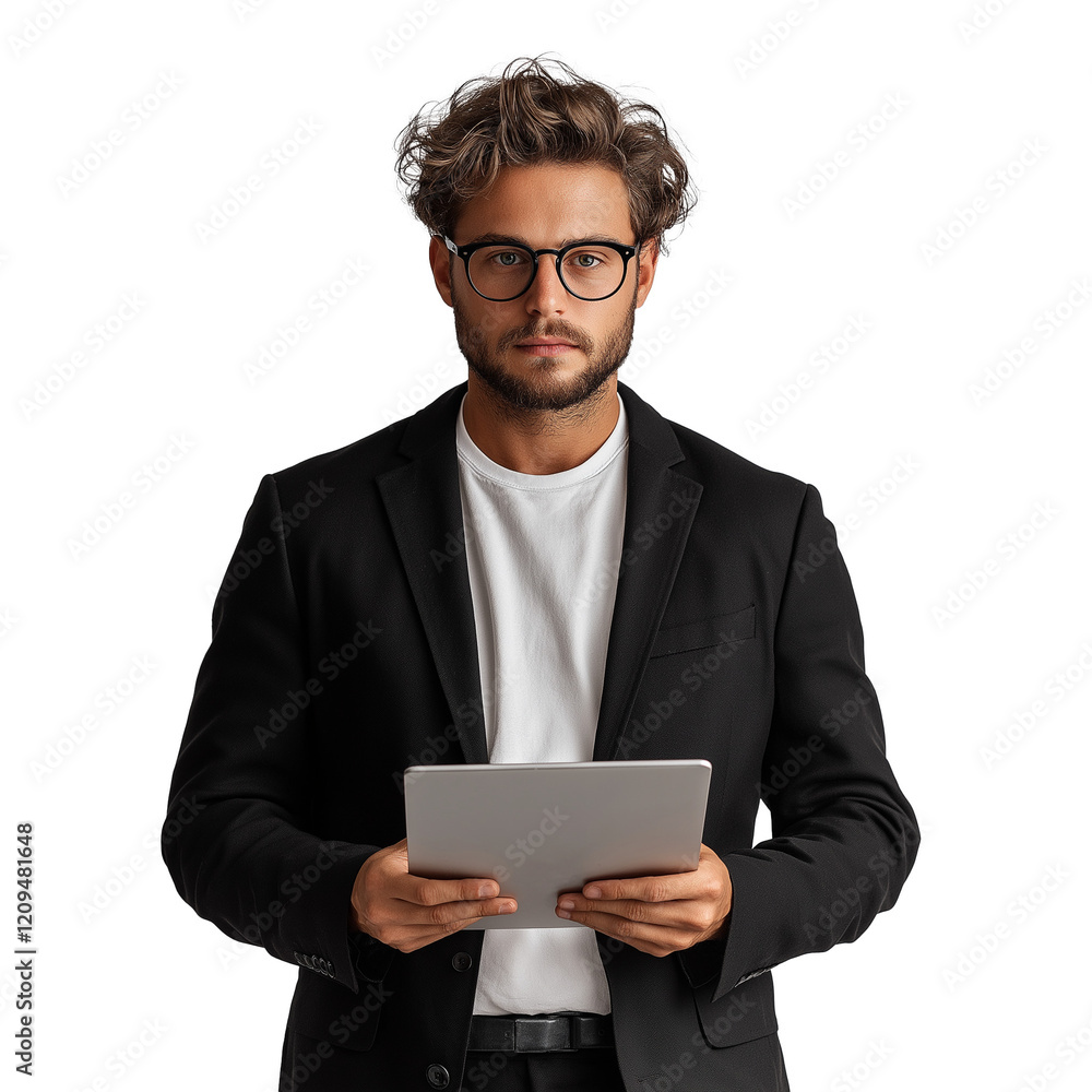 Handsome businessman using his tablet standing Handsome businessman using his tablet standing