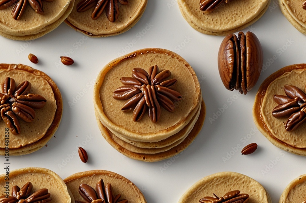 A close up of several round golden brown cookies topped with chopped pecans arranged on a white surface A close up of several round golden brown cookies topped with chopped pecans arranged on a white surface