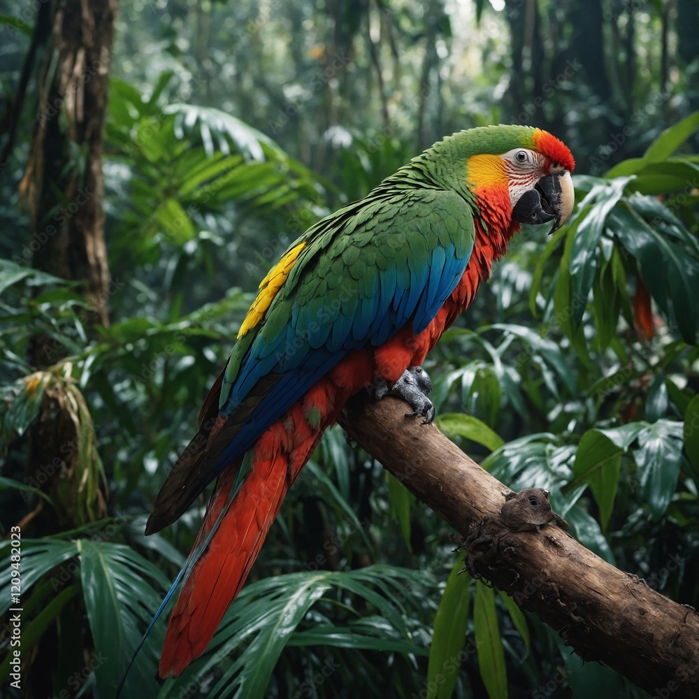 Obraz premium A colorful parrot perched on a branch in a tropical rainforest.