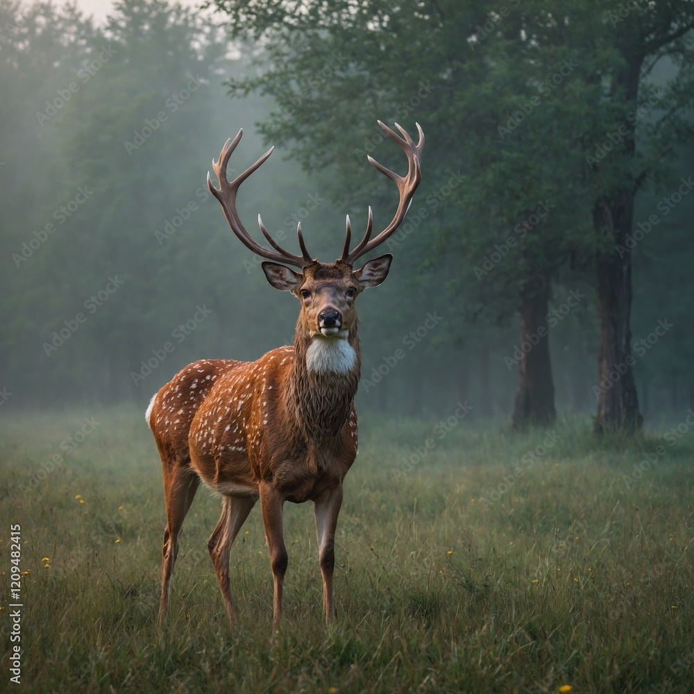 Obraz premium A graceful deer standing on a misty morning meadow.