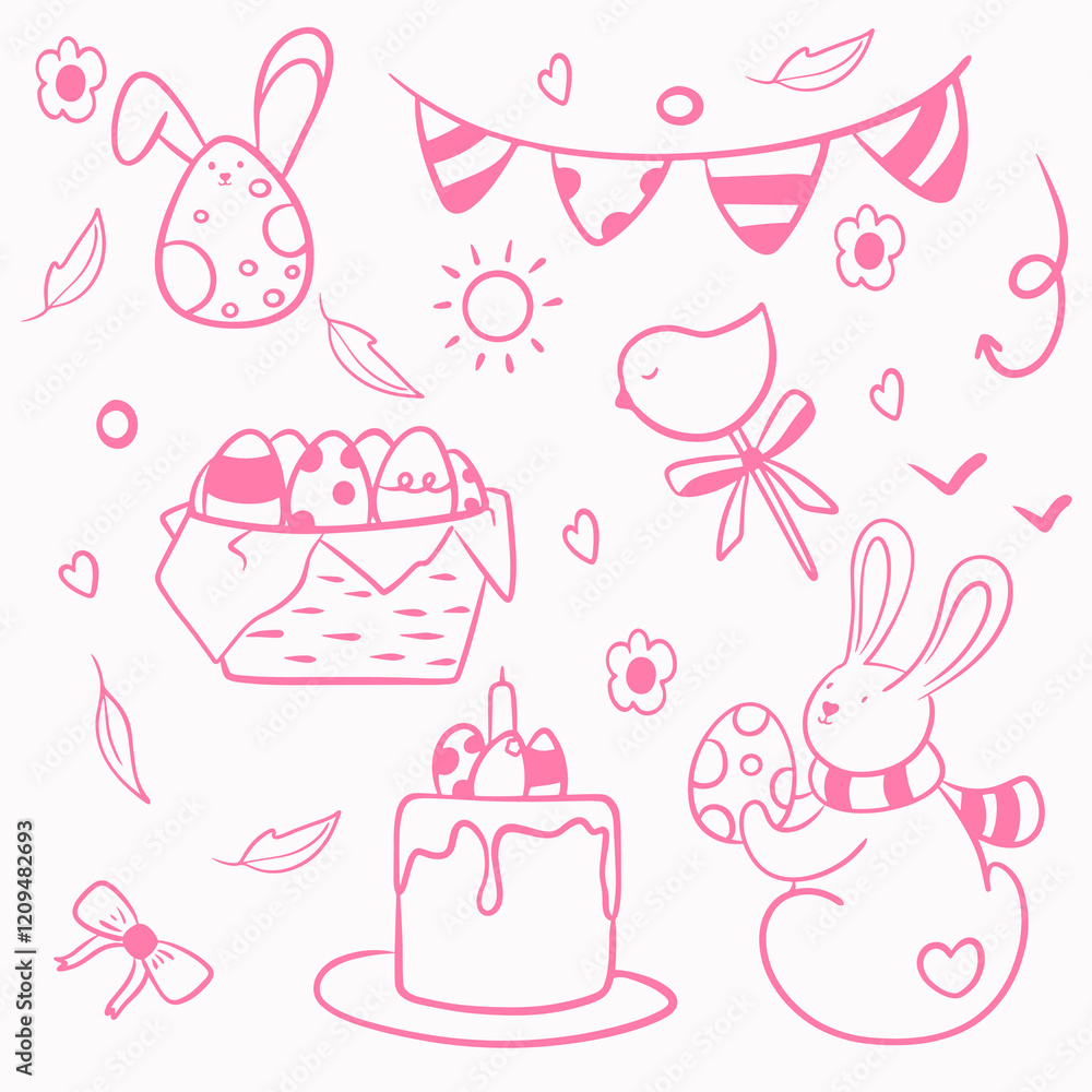 Set of vector pink doodle elements for Easter: bunny with egg, Easter cake,, basket with eggs, eggs with ears, birdhouse, lollipop in the form of a bird Set of vector pink doodle elements for Easter: bunny with egg, Easter cake,, basket with eggs, eggs with ears, birdhouse, lollipop in the form of a bird