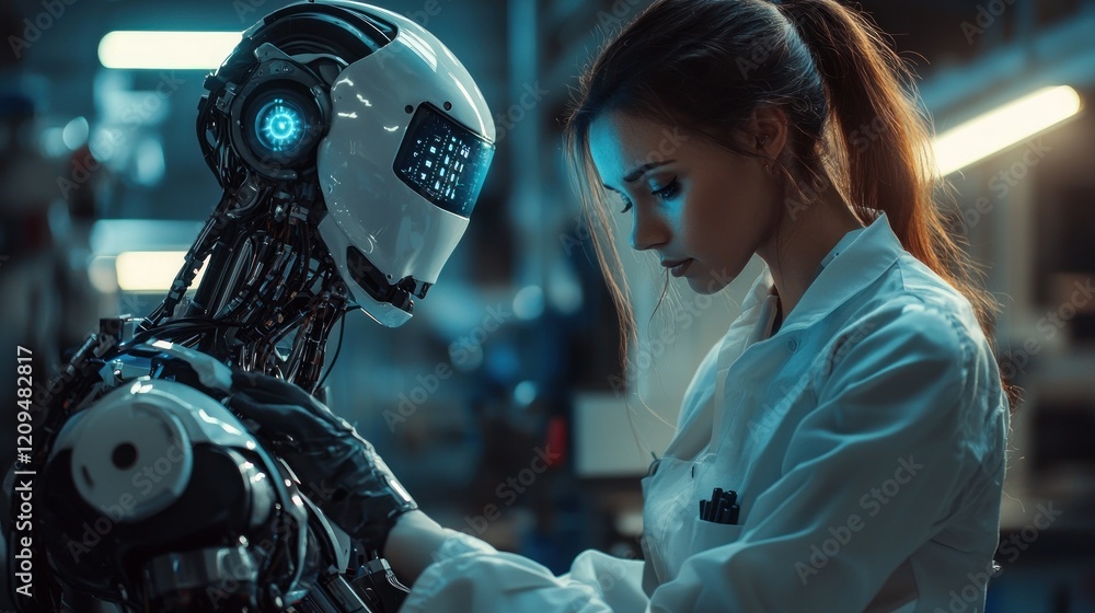 Fototapeta premium The Future is Now: A Woman Engineer and Her Advanced Robot