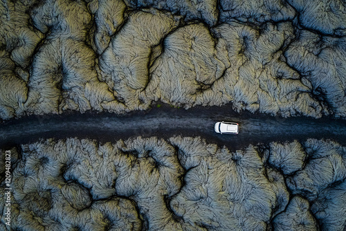 Aerial View Car on Volcanic Landscape Road