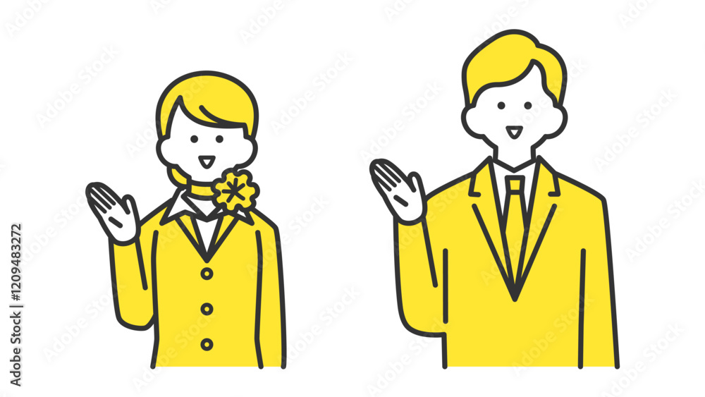  手で指し示す、フォーマルなスーツ姿の男性と女性　2色