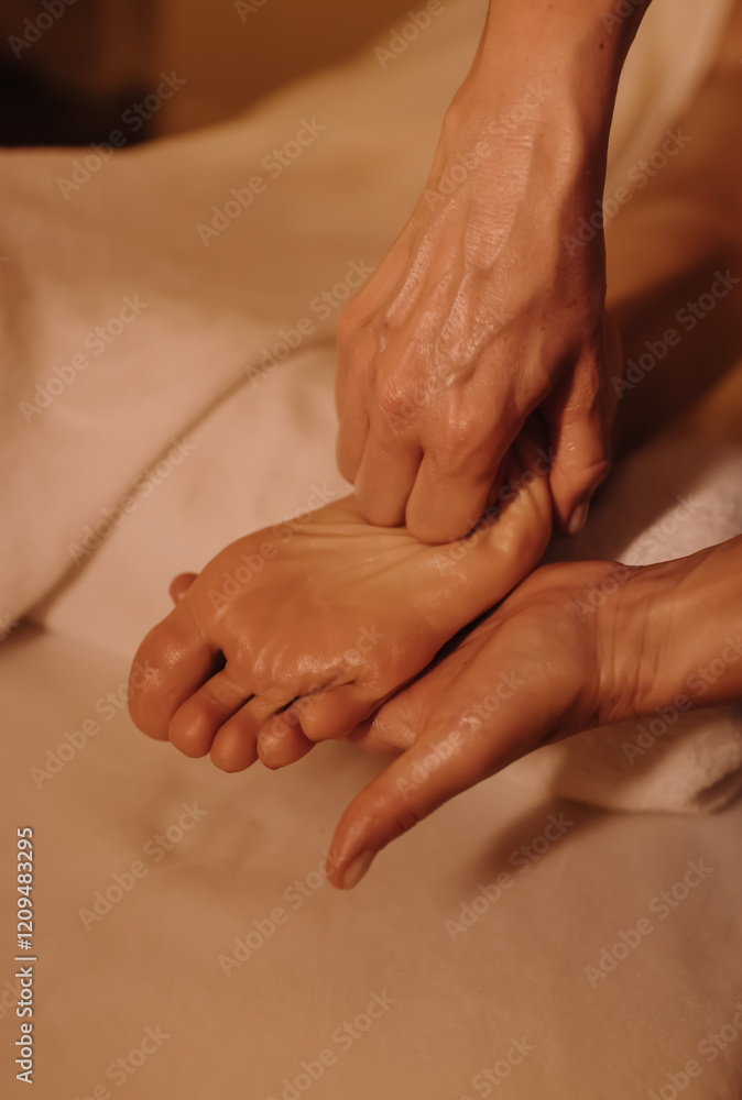 The hands of a chiropractor are massaging the leg of a young woman lying on a massage table. Physiotherapy treatment concept, neck pressure point. Wellbeing. No focus blurred