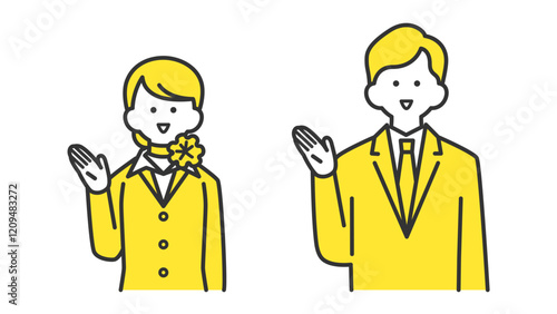  手で指し示す、フォーマルなスーツ姿の男性と女性　2色