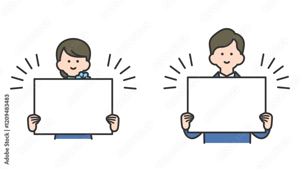  ボードを持つ、フォーマルなスーツ姿の男性と女性　カラフル