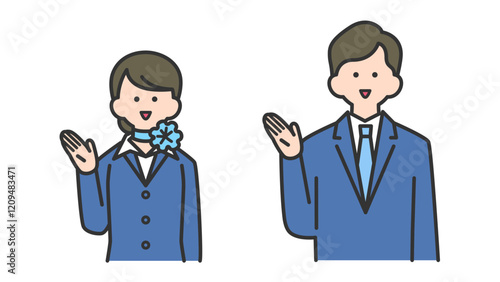  手で指し示す、フォーマルなスーツ姿の男性と女性　カラフル