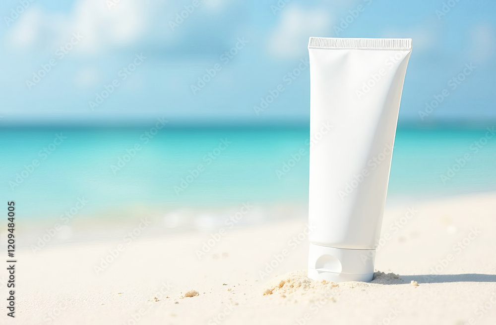 White cosmetics cream tube without labels, tube stays on sand , blurred Maldives beach on background, mockup, copy space. White cosmetics cream tube without labels, tube stays on sand , blurred Maldives beach on background, mockup, copy space.