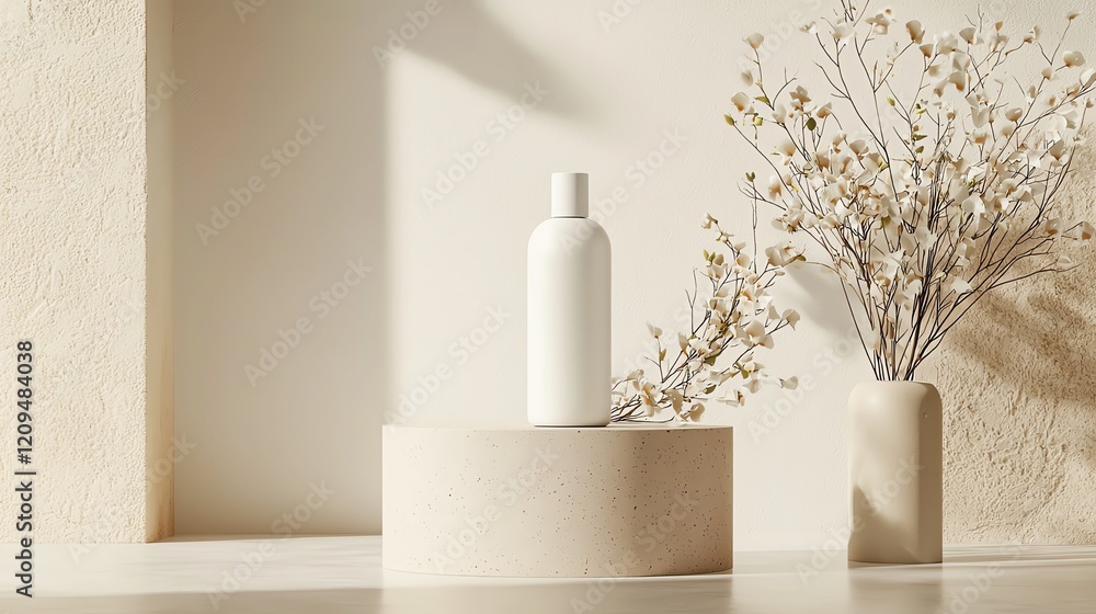 Minimalist white bottle on a textured pedestal with delicate dried flowers, bathed in soft natural light, creating a serene ambiance. Minimalist white bottle on a textured pedestal with delicate dried flowers, bathed in soft natural light, creating a serene ambiance.