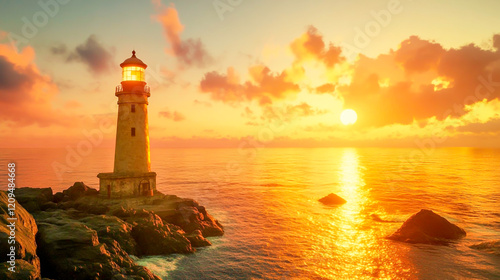 Fototapeta Naklejka Na Ścianę i Meble -  A coastal lighthouse with a radiant retro sunset casting a warm glow across the ocean and the rocks