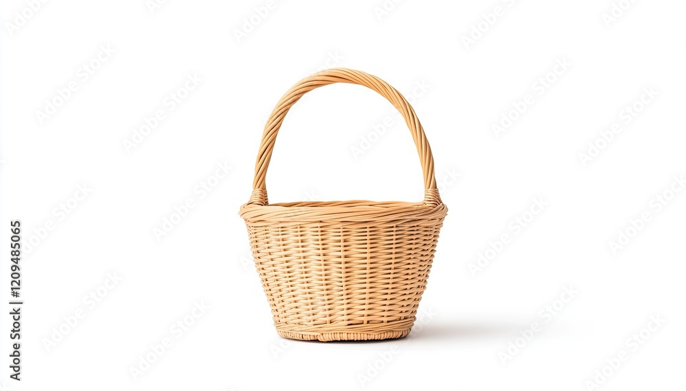 A beautifully woven wicker basket with a curved handle, set against a minimalist white background A beautifully woven wicker basket with a curved handle, set against a minimalist white background