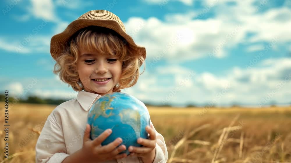 Boy in straw hat holding planet Earth and smiling standing in field under cloudy blue sky. Caucasian kid with globe in his hands. Geography, Ecology, Save the world, Earth Day concept. Boy in straw hat holding planet Earth and smiling standing in field under cloudy blue sky. Caucasian kid with globe in his hands. Geography, Ecology, Save the world, Earth Day concept.