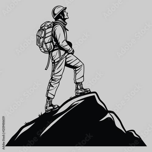 A mountain climber at a peak silhouette vector design art and illustration