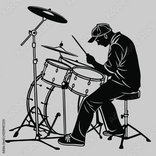 musician playing the drums silhouette vector design art and illustration