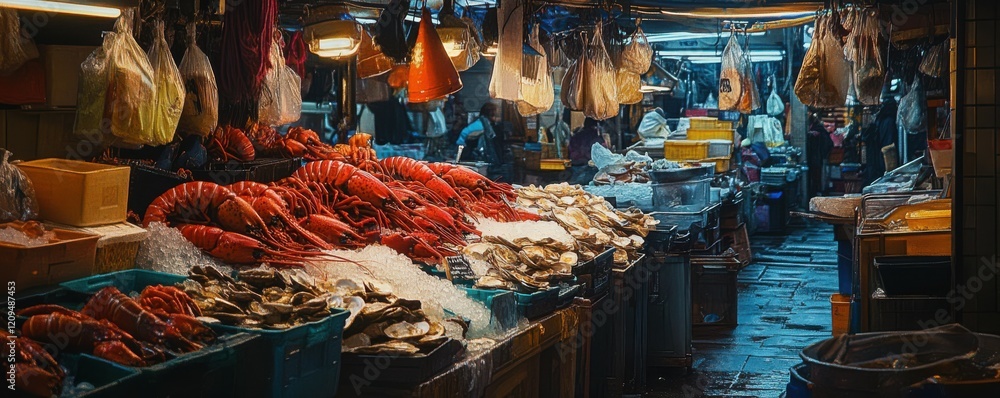 Vibrant seafood market with fresh lobster and oysters on display. Vibrant seafood market with fresh lobster and oysters on display.