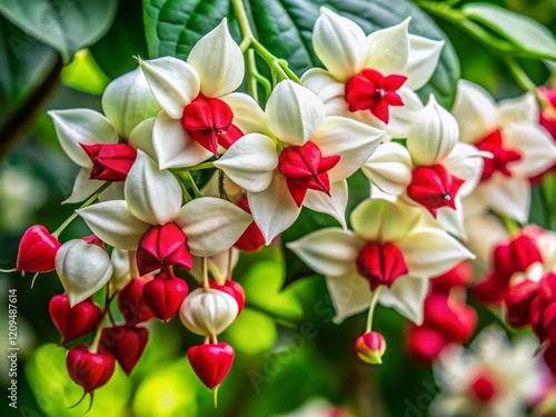 Macro Photography of Bleeding Heart Vine Flowers: Delicate White and Vibrant Red Blossoms photo