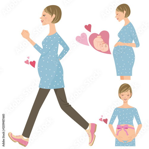 妊娠してる女性と歩いて運動するイラスト