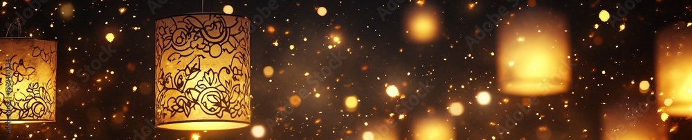 Naklejka premium Magical Floating Lanterns Illuminating a Night Sky Filled with Stars and Dreams, Perfect for Creating a Dreamy Atmosphere