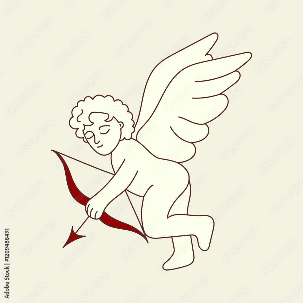 Naklejka premium Cute funny vintage cupid, Valentine's day cherub flying and shooting with arch bow, arrow, romantic love. Happy boy angel, baby character. Flat vector illustration isolated