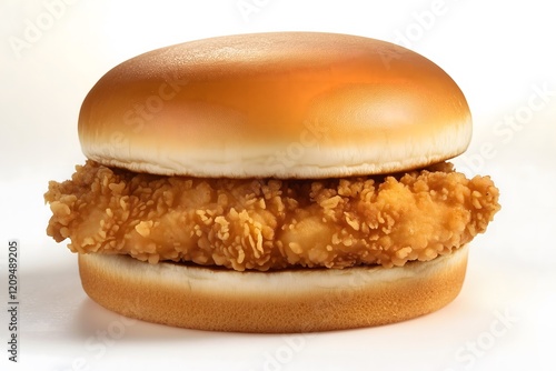 A close-up of a plain fried chicken sandwich isolated on a white background
