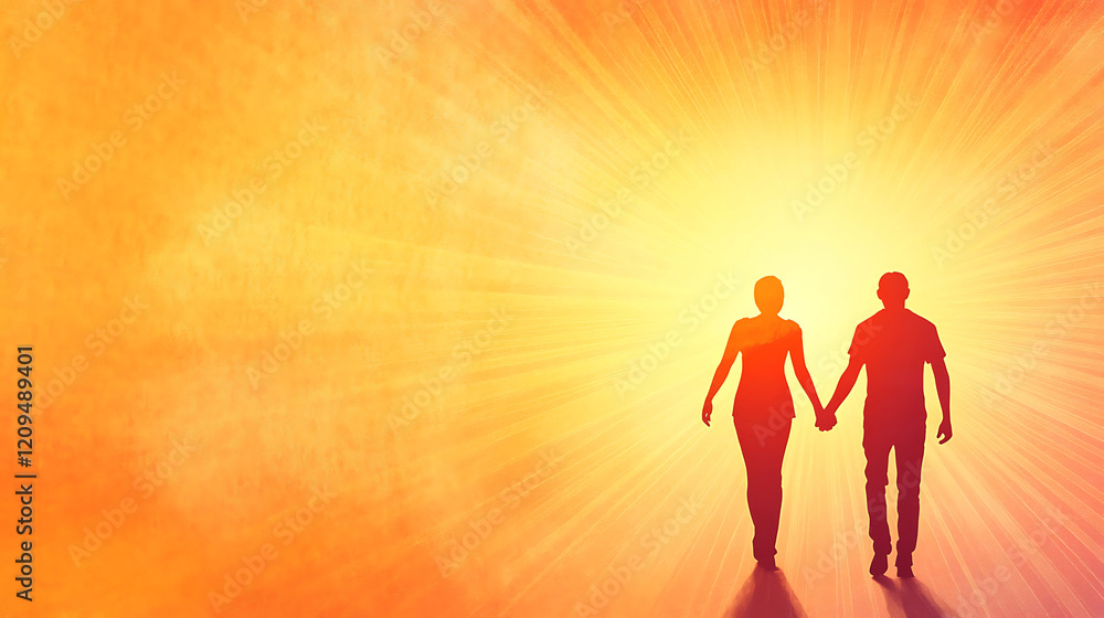 Silhouette of a couple walking on a glowing path under a magical light, symbolizing love, unity, and companionship in a serene and romantic setting Silhouette of a couple walking on a glowing path under a magical light, symbolizing love, unity, and companionship in a serene and romantic setting