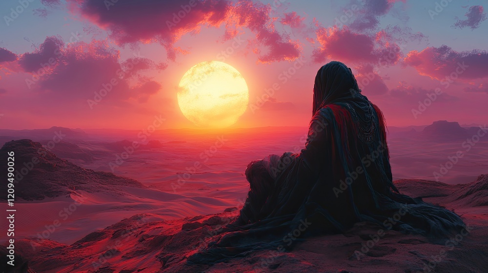 A figure in a flowing garment sits on a rocky outcrop, gazing at a vibrant sunset over a desert landscape A figure in a flowing garment sits on a rocky outcrop, gazing at a vibrant sunset over a desert landscape