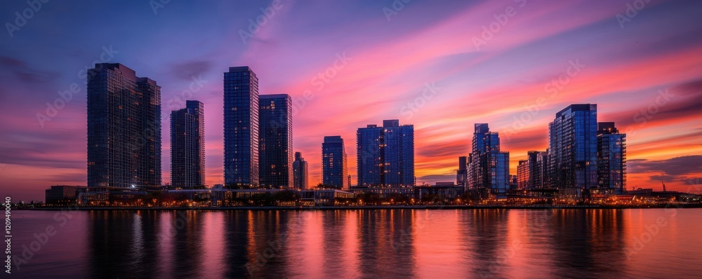 Obraz premium Vibrant skyline of New York City at sunset with iconic skyscrapers.