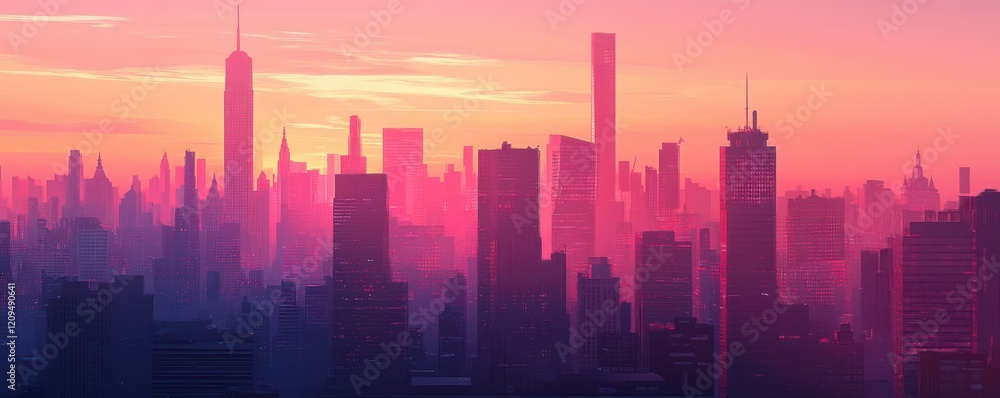 Vibrant skyline of New York City at sunset with iconic skyscrapers. Vibrant skyline of New York City at sunset with iconic skyscrapers.