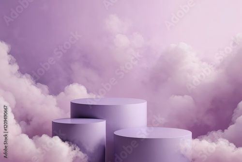 Three purple cylinder podiums in misty clouds