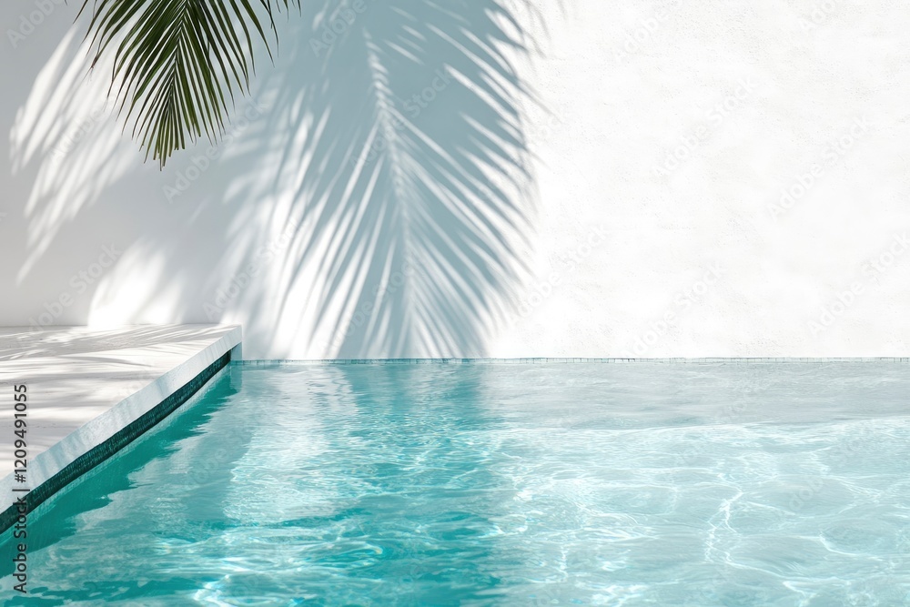 Obraz premium A close-up of the edge of an outdoor pool, with palm leaves casting shadows on white walls, creating a tranquil and minimalist atmosphere.