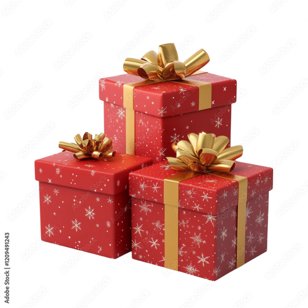 Fototapeta premium Three Red Christmas Gifts with Gold Ribbons Festive Holiday Presents
