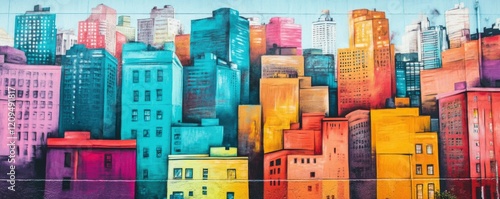 Vibrant street art mural depicting a colorful cityscape, urban creativity.
