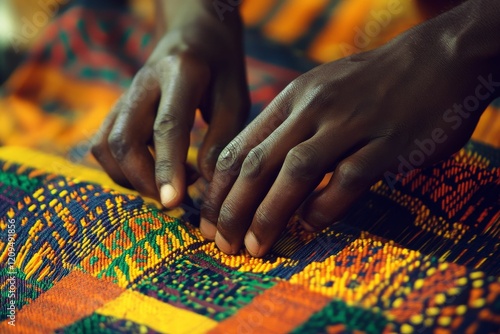 Dark hands manipulating a colorful, patterned textile.