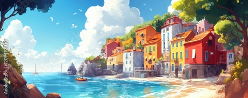 Scenic coastal town with colorful buildings by the sea under a bright sky.