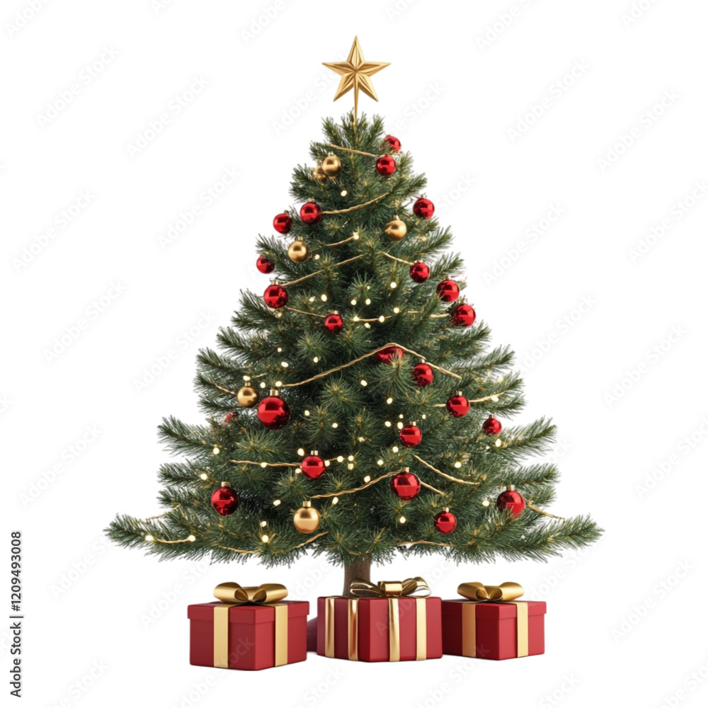 Decorated Christmas tree with presents underneath a golden star on top, Decorated Christmas tree with presents underneath a golden star on top,