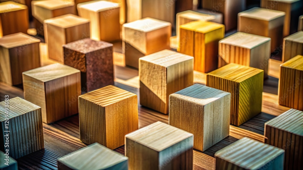 Abstract Wooden Block Composition: Geometric Shapes & Textures in Natural Light Abstract Wooden Block Composition: Geometric Shapes & Textures in Natural Light