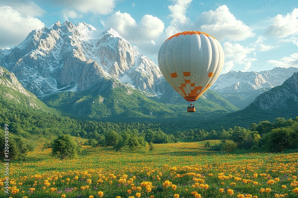 Naklejka premium 3D render of a hot air balloon flying over a green meadow with yellow flowers and mountains in the background, high resolution, high detail.