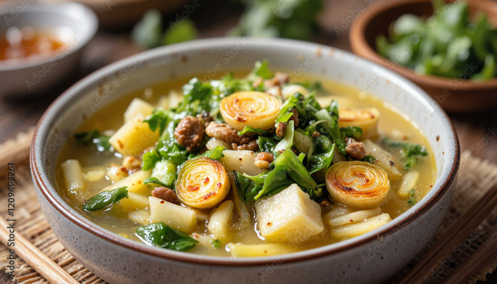 Vibrant vegetable soup with fresh herbs in rustic setting, culinary delight Vibrant vegetable soup with fresh herbs in rustic setting, culinary delight