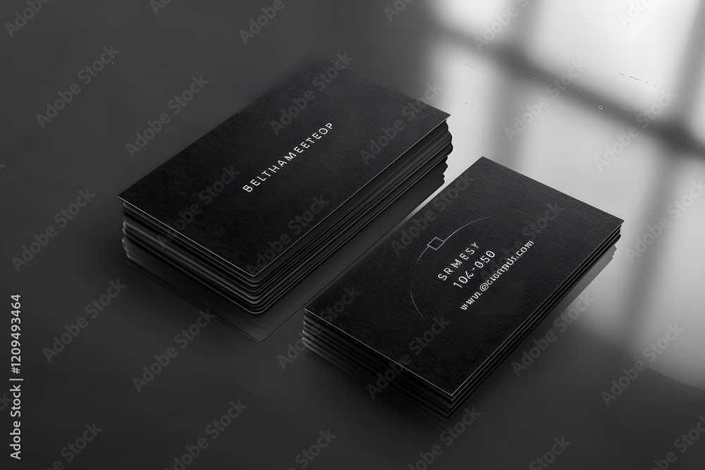 Sleek and modern black business card mockup, textured surface, subtle reflections, elegant design elements. Generative Ai. Sleek and modern black business card mockup, textured surface, subtle reflections, elegant design elements. Generative Ai.