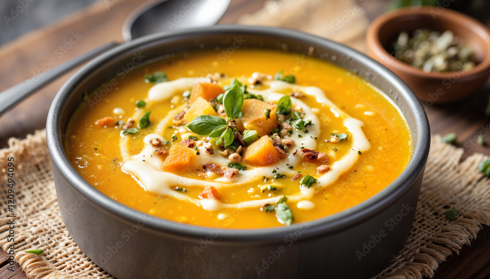 Butternut squash soup with cream swirl in cozy dining area, comfort food Butternut squash soup with cream swirl in cozy dining area, comfort food