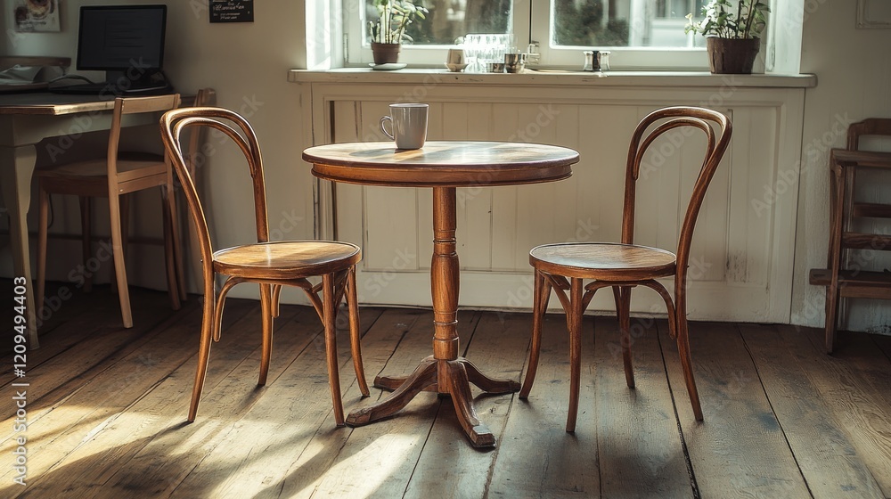 Fototapeta premium Sunlit cafe table, two chairs, cozy room